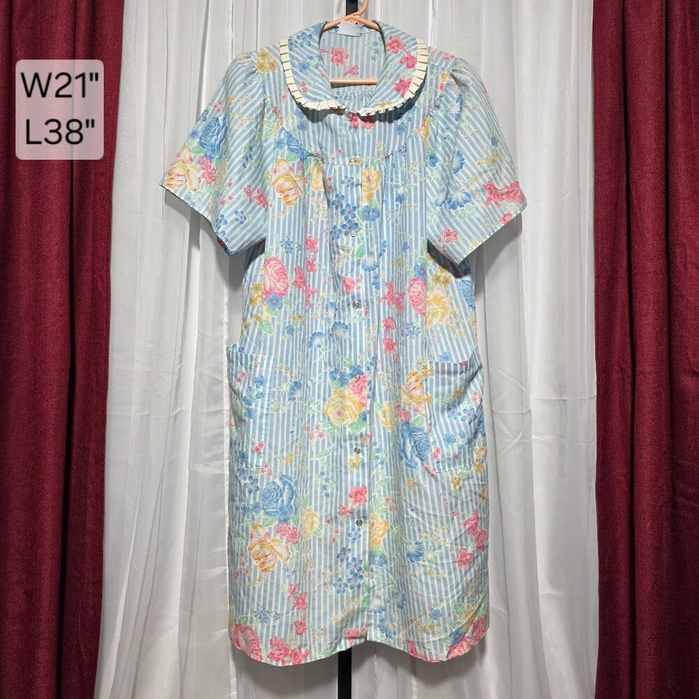 Vintage Morning N.E.W.S. Floral Striped House Dress Duster Button Front Pockets